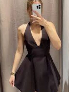 Zara Black Halter Mini Dress with Plunging V-Neck